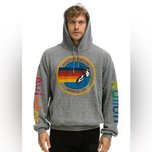 AVIATORS NATION Relaxed Fit Hoodie Unisex Large Logo Front Graphic Sleeves Gray